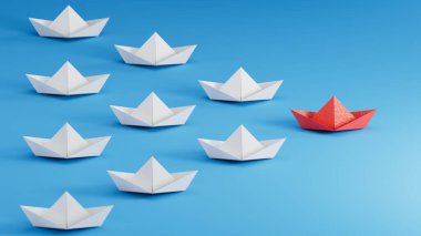 Farklı iş anlayışı. Yeni fikirler. Kağıt sanatı. Beyaz teknelerin arasında liderlik kavramı. Mavi arka planda 3 boyutlu..