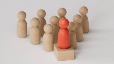 Liderlik konsepti, ahşap iş takımı ve beyaz arka planda 3D podyum 3D 'de kalabalığın arasından öne çıkan bir kişi..