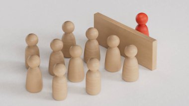 İnsanlar arasında ahşap insan modeli, liderlik kavramı beyaz arka planda canlandırılmış 3D.