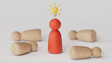 Soru işareti, problem çözme ve yaratıcı fikir kavramı beyaz arkaplana 3D yansıtılan diğer ahşap küpün üzerine ampul çizen tahta figür..
