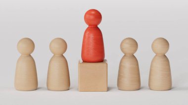 İnsanlar arasında ahşap insan modeli, liderlik kavramı beyaz arka planda canlandırılmış 3D.