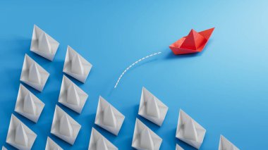 Açık mavi arka planda diğerlerinin arasında yüzen kırmızı kağıt tekne, düz yerde. Eşsiz bir kavram. Yeni fikirler. Kağıt sanatı. yaratıcı fikir. Mavi arkaplanda 3D görüntüleme.