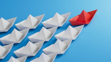 Beyaz arka planda bir grup kağıt tekne. Takımda güçlü bir lider kavramı, kitlelerin manipülasyonu, yeni perspektifleri takip etmek, işbirliği ve birleşme. Açılış