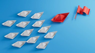 Kağıt tekne hedefe doğru yarışıyor. Business Financial konsept başarı ve kurumsal amaç için rekabettir. 3D görüntülemeyi mavi arkaplanda başlat.
