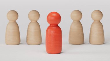 Smile face of wooden figure inside of magnifier glass among sad face for customer focus and relation management , excellent evaluation after client use product and service concept.