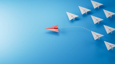 Farklı iş anlayışı. Yeni fikirler. Kağıt sanatı. Yaratıcı fikir. Kırmızı lider uçağı, mavi arka planda beyaz 3D görüntüleme kalabalığının önünde duruyor..
