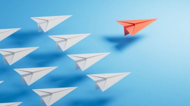 Farklı iş anlayışı. Yeni fikirler. Kağıt sanatı. Yaratıcı fikir. Lider uçak konsepti, mavi lider uçağı, mavi arka planda beyaz 3D görüntüleme..