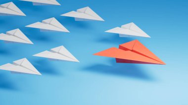 Yeni fikirler için iş konsepti yaratıcılık, yenilikçi çözüm ve mavi arka planda beyaz 3D renkler arasında öncülük eden mavi kağıt uçak konsepti.