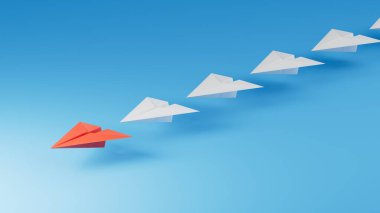 Farklı iş anlayışı. Yeni fikirler. Kağıt sanatı tarzı. Kırmızı kağıt uçakla öncü uçak kavramı. Mavi arka planda 3D görüntüleme..
