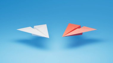 Farklı iş anlayışı. Yeni fikirler. Kağıt sanatı. Yaratıcı fikir. Kırmızı ve beyaz kağıt uçak. Öncü düzlem kavramı 3D mavi arkaplan üzerinde canlandırma.
