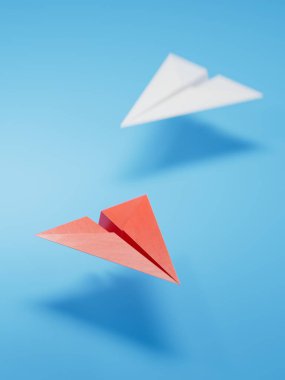 Farklı iş anlayışı. Yeni fikirler. Kağıt sanatı. Yaratıcı fikir. Kırmızı ve beyaz kağıt uçak. Öncü düzlem kavramı 3D mavi arkaplan üzerinde canlandırma.