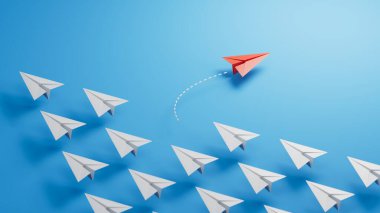 Açık mavi arka planda diğerlerinin arasında yüzen kırmızı kağıt uçak, düz yatıyordu. Eşsiz bir kavram. Yeni fikirler. Kağıt sanatı. yaratıcı fikir. Mavi arkaplanda 3D görüntüleme.