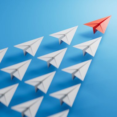 Beyaz arka planda bir grup kağıt uçak. Takımda güçlü bir lider kavramı, kitlelerin manipülasyonu, yeni perspektifleri takip etmek, işbirliği ve birleşme. Açılış