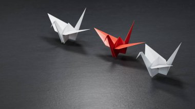 Farklı iş anlayışı. Yeni fikirler. Kağıt sanatı. Yaratıcı fikir. Lider kuğu konsepti, siyah lider kuğu önde gelen beyaz kuğular. Siyah arka planda 3 boyutlu canlandırma..