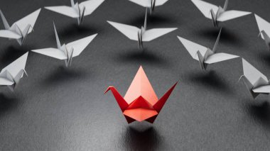 Farklı iş anlayışı. Yeni fikirler. Kağıt sanatı. Yaratıcı fikir. Kırmızı ve beyaz kağıt kuğu. Lider Kuğu konsepti 3D siyah arkaplan üzerinde canlandırma.