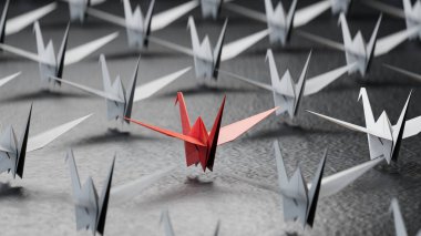 Farklı iş anlayışı. Yeni fikirler. Kağıt sanatı. yaratıcı fikir. Kırmızı Lider Kuğu, beyaz kuğu kalabalığının önünde duruyor. Siyah arka planda 3 boyutlu..