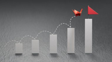 Artan grafikten kırmızı bayraklara uçan kağıt kuğusu. İş dünyasının kağıt sanatı. Yaratıcı kavram fikri..