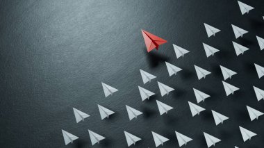 Farklı iş anlayışı. Yeni fikirler. Kağıt sanatı. Yaratıcı fikir. Kırmızı kağıt uçakla öncü uçak kavramı. Siyah arka planda beyaz 3D çizimi..