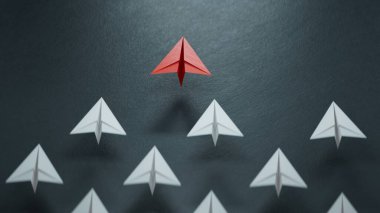 Farklı iş anlayışı. Yeni fikirler. Kağıt sanat stili. Kırmızı kağıt uçakla öncü uçak kavramı. Siyah arka planda 3D görüntüleme..