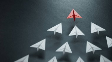 Kazanan kırmızı kağıt uçak. Yeni fikirler. Kağıt sanatı. yaratıcı fikir. Siyah arkaplanda 3D görüntüleme.
