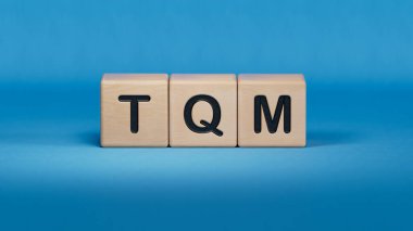 Tahta küplerle ilgili TQM, TEXT. Ahşap elementlere yakın çekim, mavi arkaplanda 3D İş Konsepti.