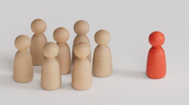 Ayrımcılık kavramı. Gruptan uzak duran tek bir kırmızı tahta çivi. İş stratejisini, liderliği ve beyaz arka planda oluşturulan 3D yönetimini temsil etmek için mükemmel..