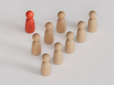 Delegasyon konsepti. Okları olan tahta insan figürleri. İş stratejisini, liderliği ve yönetimini temsil etmek için mükemmel..