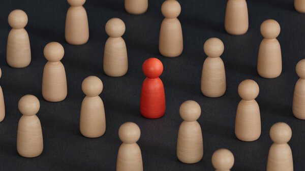 Толпа статуэток и красная. Идеально подходит для представления бизнес-стратегии, лидерства и менеджмента. 3D рендеринг на черном фоне.