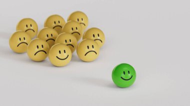 Bireysellik. Gülümseyen ağaç küpü, normal ve üzgün yüz. Yüz ifadeleri. Beyaz arkaplanda zihinsel sağlık değerlendirmesi 3D.