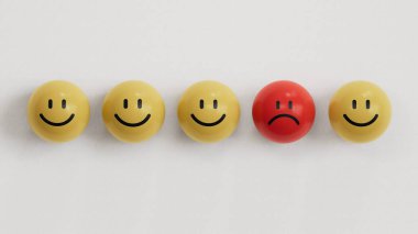Mutlu yüz ifadeleri arasında bir mutsuz yüz ifadesi var. Müşteri memnuniyetsizliği ya da mutsuz müşteri kavramı beyaz arka planda 3D görüntüleme.