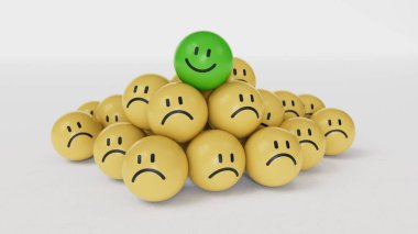 Yeşil gülücük yığını üzgün ve mutlu - 3d İllüstrasyon. Gülümseyen tahta küp, normal ve üzgün yüz. Yüz ifadeleri. Beyaz arkaplanda zihinsel sağlık değerlendirmesi 3D.