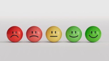 Üzgün ve mutlu ruh hali, değerlendirme, artış oranı, müşteri deneyimi, memnuniyet ve en iyi hizmet derecelendirme konsepti olan emoji ifadeleri..