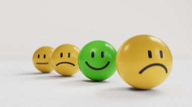 Farklı duyguları gösteren küçük toplar. Gülümseyen tahta küp, normal ve üzgün yüz. Yüz ifadeleri. Beyaz arkaplanda zihinsel sağlık değerlendirmesi 3D.