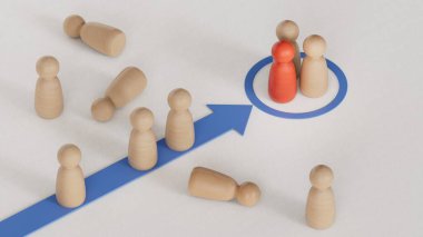 Piyonlarla tuğla bir duvarı kıran altın bir okun 3 boyutlu çizimi. Beyaz arkaplanda oluşturulan engelleri ve 3D konseptini aşın.