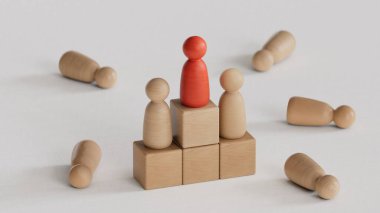 Altın, gümüş ve bronz piyonları olan bir podyumun 3 boyutlu çizimi. Yarışma veya yarışma kazananları kavramı. Beyaz arkaplanda 3B yorumlama.