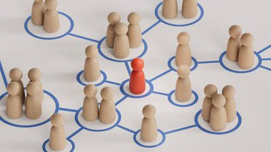 Birbirine bağlı insanlarla dolu bir sosyal ağın üç boyutlu çizimi. Beyaz arkaplanda modern 3D tasarım.