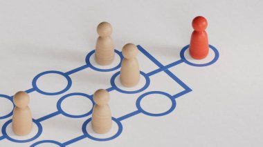 Hedefi olan üç boyutlu cam piyonlar. OKR kavramı, Hedef ve Anahtar Sonuçlar. Beyaz arkaplandaki pazarlama ve iletişim konsepti 3D.