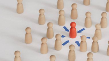 Kırmızı bir piyon tarafından çekilen bir çok piyonun 3 boyutlu çizimi. Beyaz arkaplanda oluşturulan çekim ve karizmatik kişilik 3D aurası kavramı.