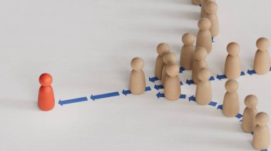 Peş peşe birçok piyonun 3 boyutlu çizimi. Kurşun kavramı. Lideri takip ediyorum. Pazarlama ve iletişim konsepti. Beyaz arka planda 3D..