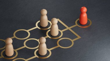 Hedefi olan üç boyutlu cam piyonlar. OKR kavramı, Hedef ve Anahtar Sonuçlar. Siyah arkaplandaki 3D pazarlama ve iletişim kavramı.