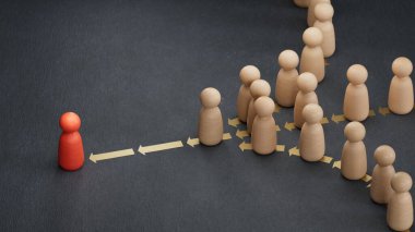 Peş peşe birçok piyonun 3 boyutlu çizimi. Kurşun kavramı. Lideri takip ediyorum. Pazarlama ve iletişim konsepti. Siyah arka planda 3D..