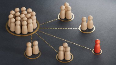 Farklı kategorilerde segmentlenmiş birçok piyonun 3 boyutlu çizimi. Siyah arkaplandaki 3D müşteri segmentasyonu konsepti.