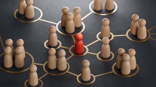 3d illustration of a social network with people connected together. Modern design.3D rendering on black background.