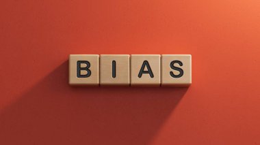 BIAS kelimesi ahşap bloklardan yapılmıştır. Ahşap elementlere yakın plan, kırmızı arkaplanda 3D İş Konsepti.