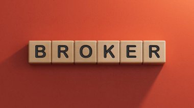 Kırık iş sözcüğüyle tahta küp bloğu. Ahşap elementlere yakın plan, kırmızı arkaplanda 3D İş Konsepti.