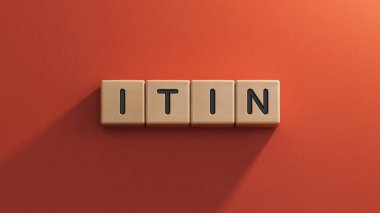 ITIN iş sözcüğüyle tahta küp bloğu. Ahşap elementlerin kapatılması, kırmızı arkaplanda 3D İş Konsepti.
