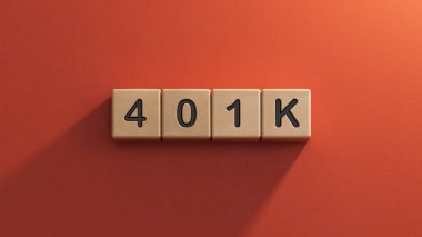 401K iş sözcüğüyle tahta küp bloğu. Görev, Vizyon ve temel değerler kavramı. Ahşap elementlerin kapatılması, kırmızı arkaplanda 3D İş Konsepti.