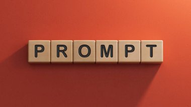 ProMPT iş sözcüğüyle tahta küp bloğu. Ahşap elementlerin kapatılması, kırmızı arkaplanda 3D İş Konsepti.