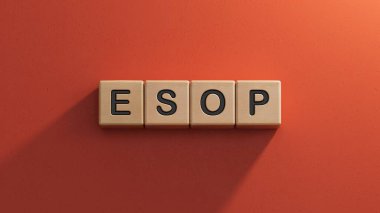 Tahta küpte esop işareti. Ahşap elementlere yakın çekim, kırmızı arkaplanda 3D İş Konsepti.