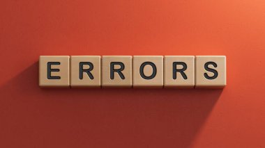 Yanlış kelime kavramı. Tahta küp. ahşap elementlere yakın çekim, kırmızı arkaplanda 3D iş konsepti.